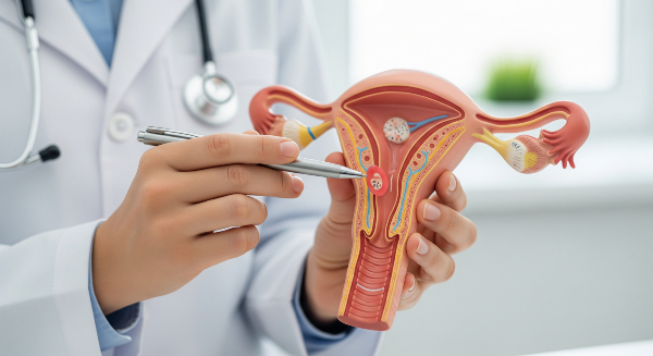 Concept per Egg Freezing: close up su una mano che mostr un modello anatomico di organo riproduttivo femminile