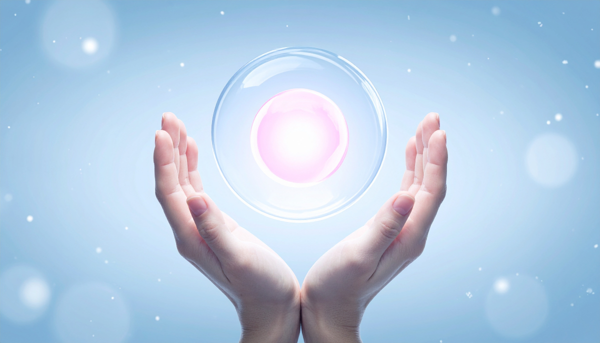 Concept per Crioconservazione Ovociti: ovocita tenuto tra due mani femminili